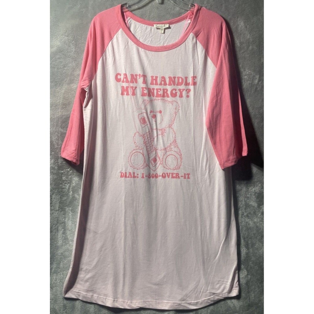 Désirée Women's Pink/White Teddy Bear Graphic Raglan 3/4 Sleeve Night T Shirt